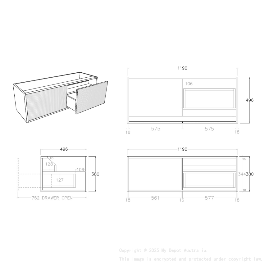 1190mm Kiama Bottega Oak 1 Right Drawer 1 Left Door Fluted Wall Hung Vanity Cabinet Only