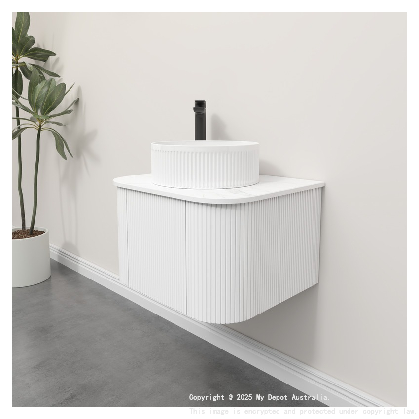 Kiama 600mm Matte White 1 Door Curved Wall Hung Fluted Bathroom Vanity