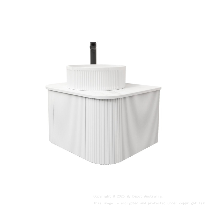 Kiama 600mm Matte White 1 Door Curved Wall Hung Fluted Bathroom Vanity