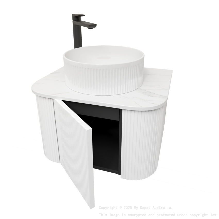 Kiama 600mm Matte White 1 Door Curved Wall Hung Fluted Bathroom Vanity
