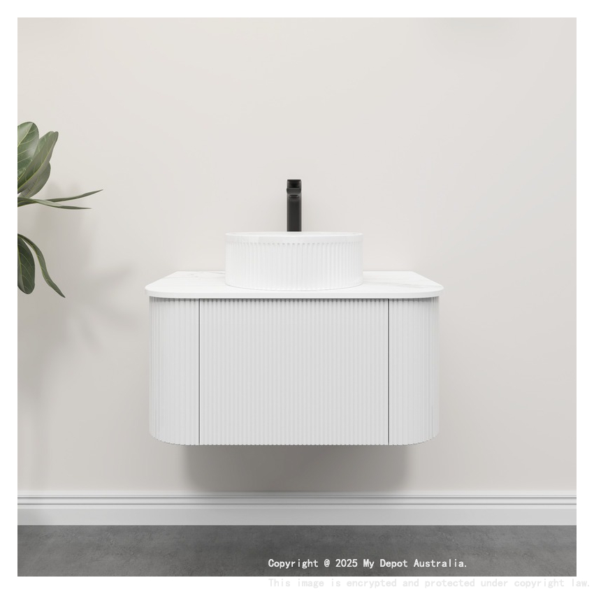 Kiama 750mm Matte White 1 Drawer Curved Wall Hung Fluted Bathroom Vanity