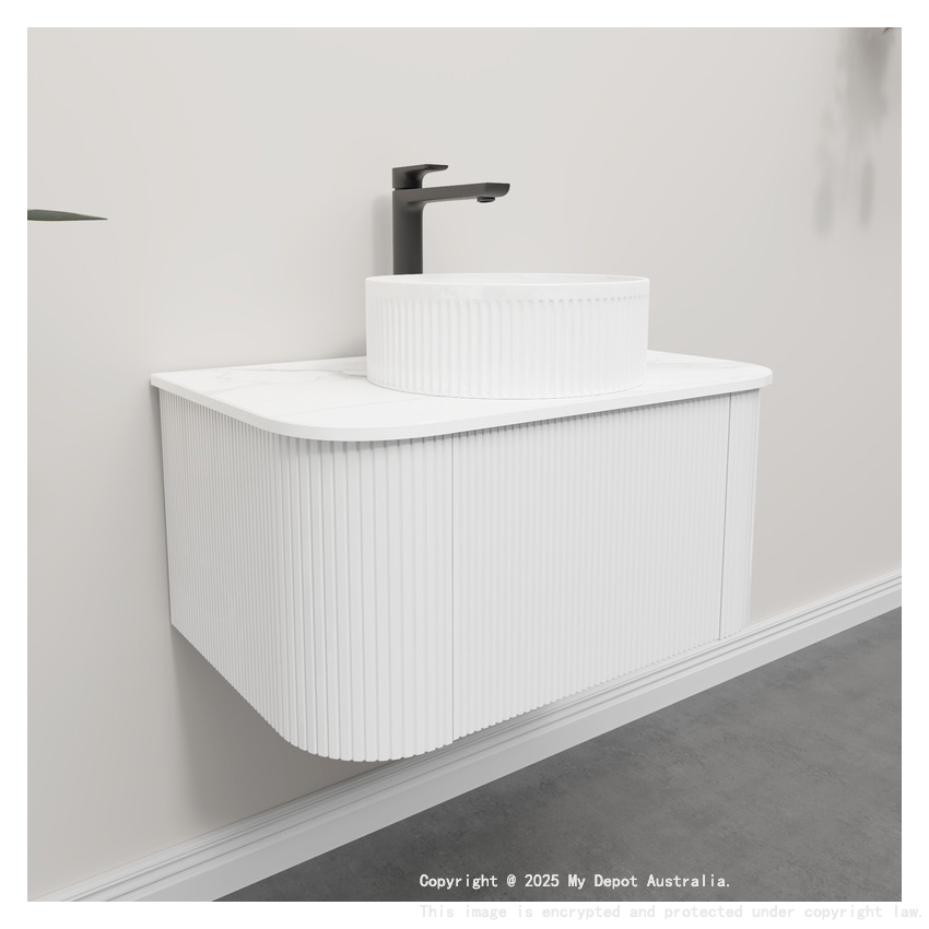 Kiama 750mm Matte White 1 Drawer Curved Wall Hung Fluted Bathroom Vanity