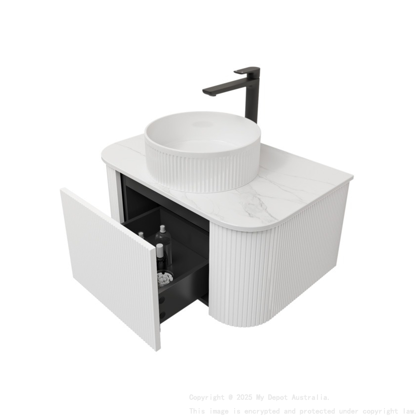 Kiama 750mm Matte White 1 Drawer Curved Wall Hung Fluted Bathroom Vanity