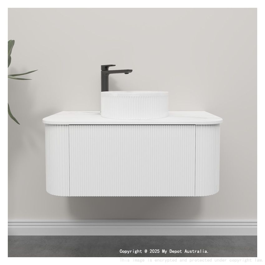 Kiama 950mm Matte White 1 Drawer Curved Wall Hung Fluted Bathroom Vanity