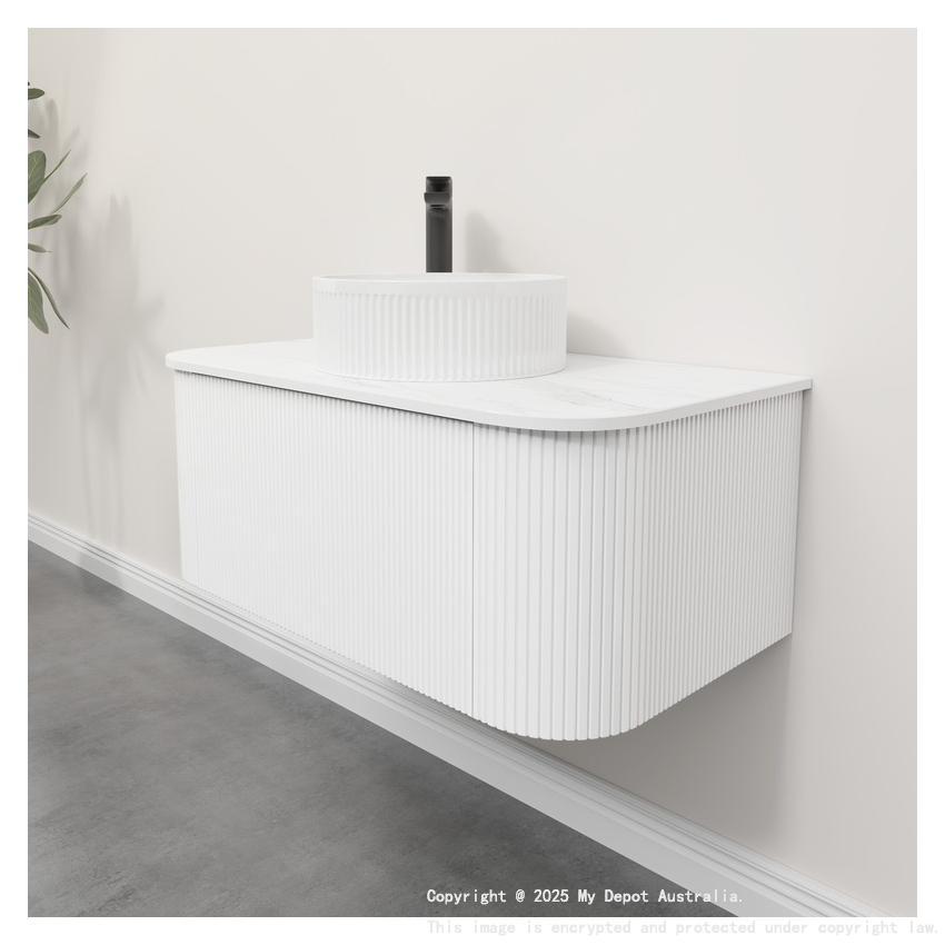 Kiama 950mm Matte White 1 Drawer Curved Wall Hung Fluted Bathroom Vanity