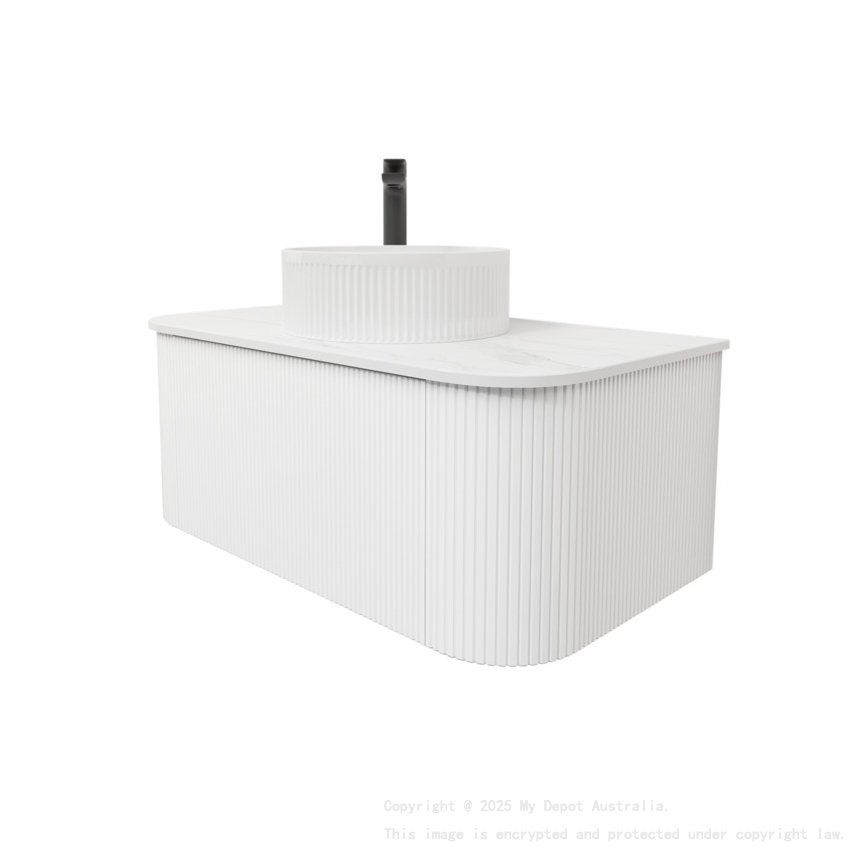 Kiama 950mm Matte White 1 Drawer Curved Wall Hung Fluted Bathroom Vanity