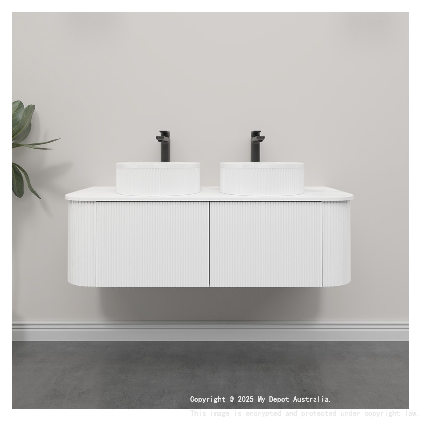 Kiama 1200mm Matte White 2 Drawers Curved Wall Hung Fluted Bathroom Vanity