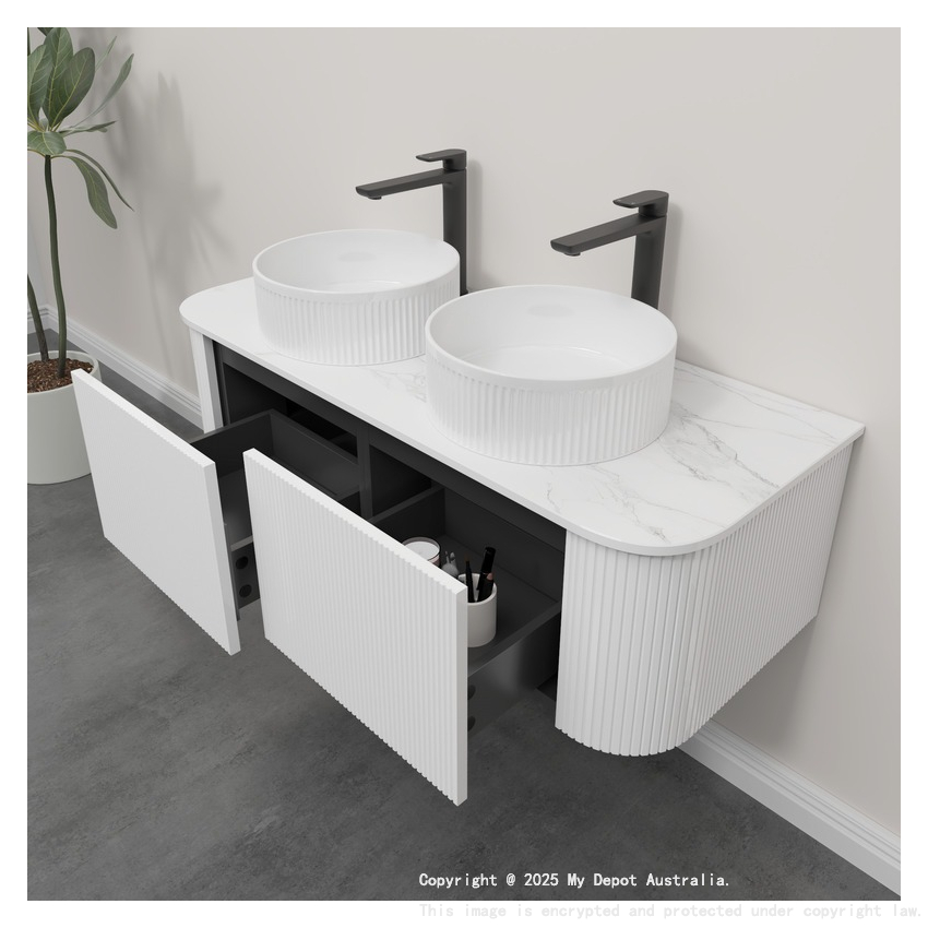 Kiama 1200mm Matte White 2 Drawers Curved Wall Hung Fluted Bathroom Vanity