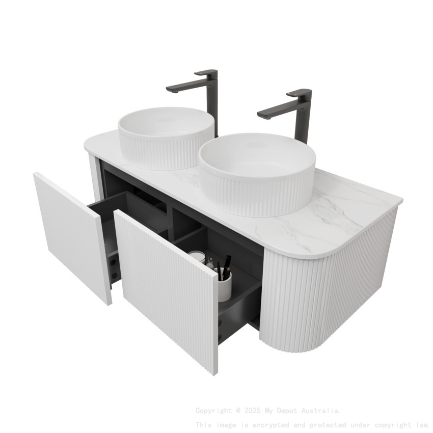 Kiama 1200mm Matte White 2 Drawers Curved Wall Hung Fluted Bathroom Vanity