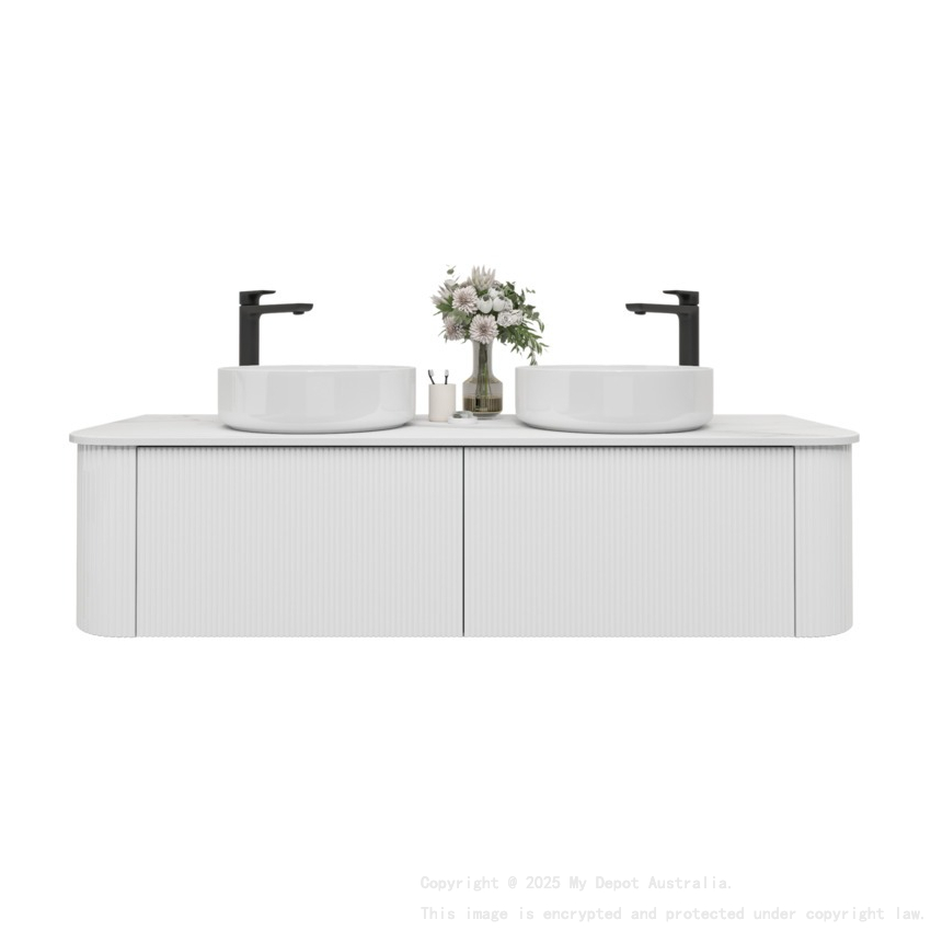 Kiama 1500mm Matte White 2 Drawers Curved Wall Hung Fluted Bathroom Vanity