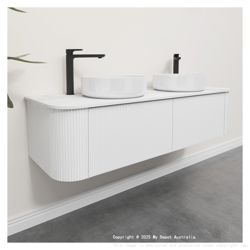 Kiama 1500mm Matte White 2 Drawers Curved Wall Hung Fluted Bathroom Vanity