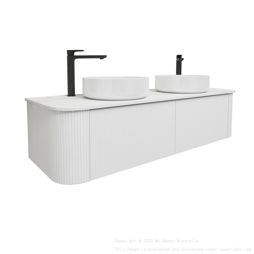 Kiama 1500mm Matte White 2 Drawers Curved Wall Hung Fluted Bathroom Vanity