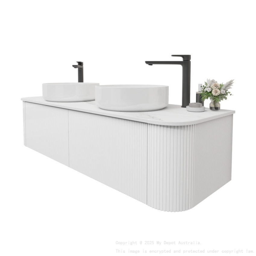 Kiama 1500mm Matte White 2 Drawers Curved Wall Hung Fluted Bathroom Vanity
