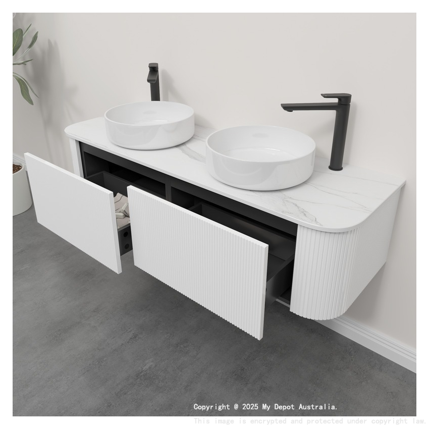 Kiama 1500mm Matte White 2 Drawers Curved Wall Hung Fluted Bathroom Vanity
