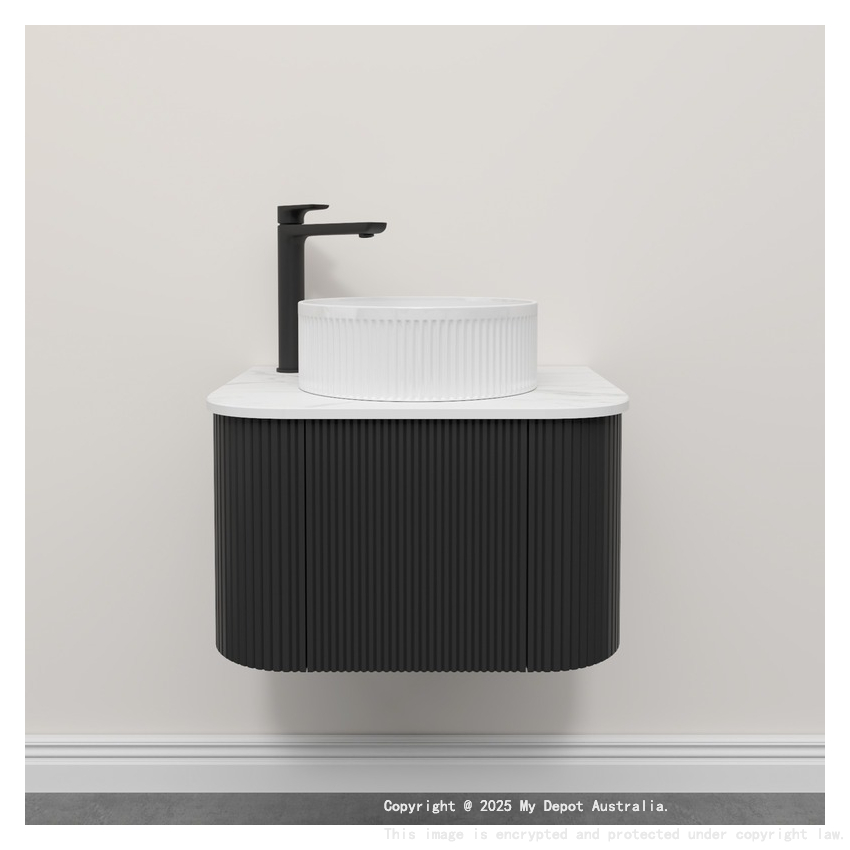 Kiama 600mm Matte Black 1 Door Curved Wall Hung Fluted Bathroom Vanity