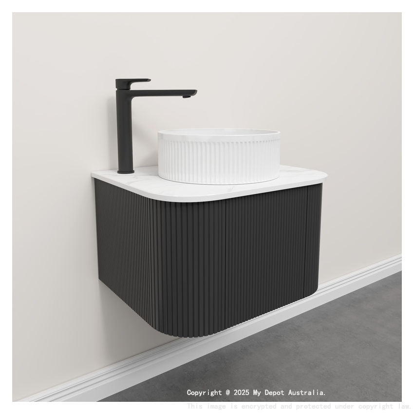Kiama 600mm Matte Black 1 Door Curved Wall Hung Fluted Bathroom Vanity