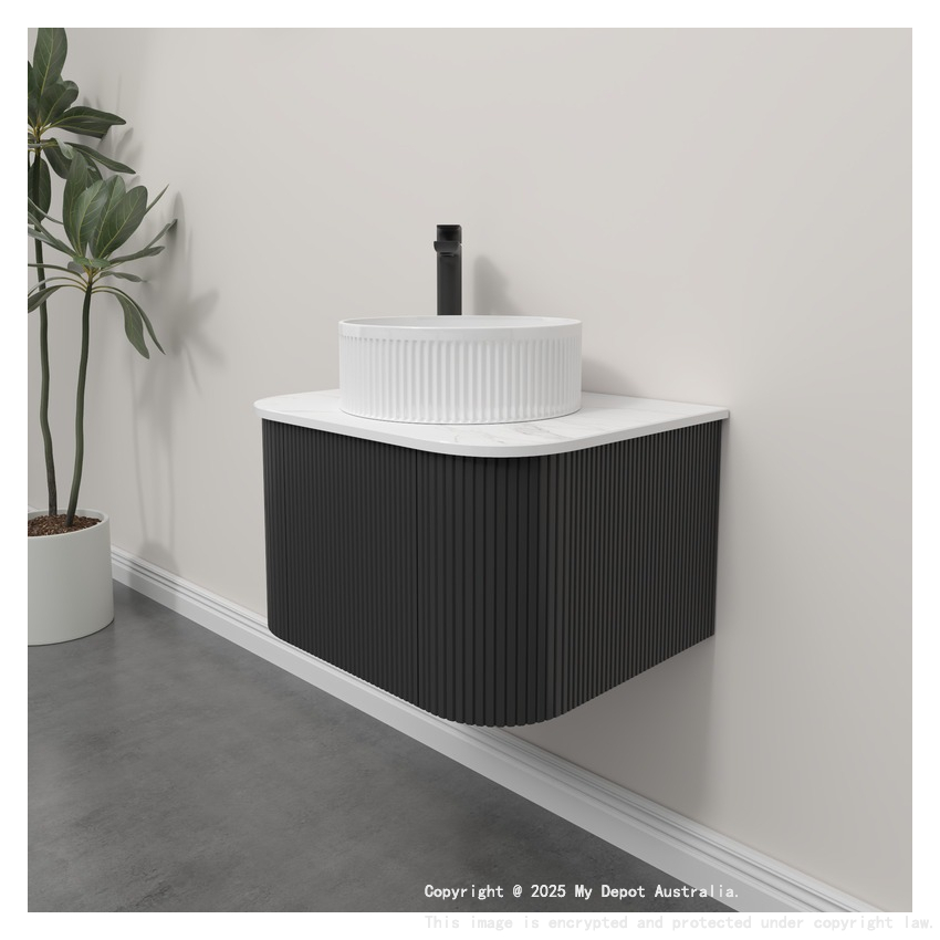Kiama 600mm Matte Black 1 Door Curved Wall Hung Fluted Bathroom Vanity