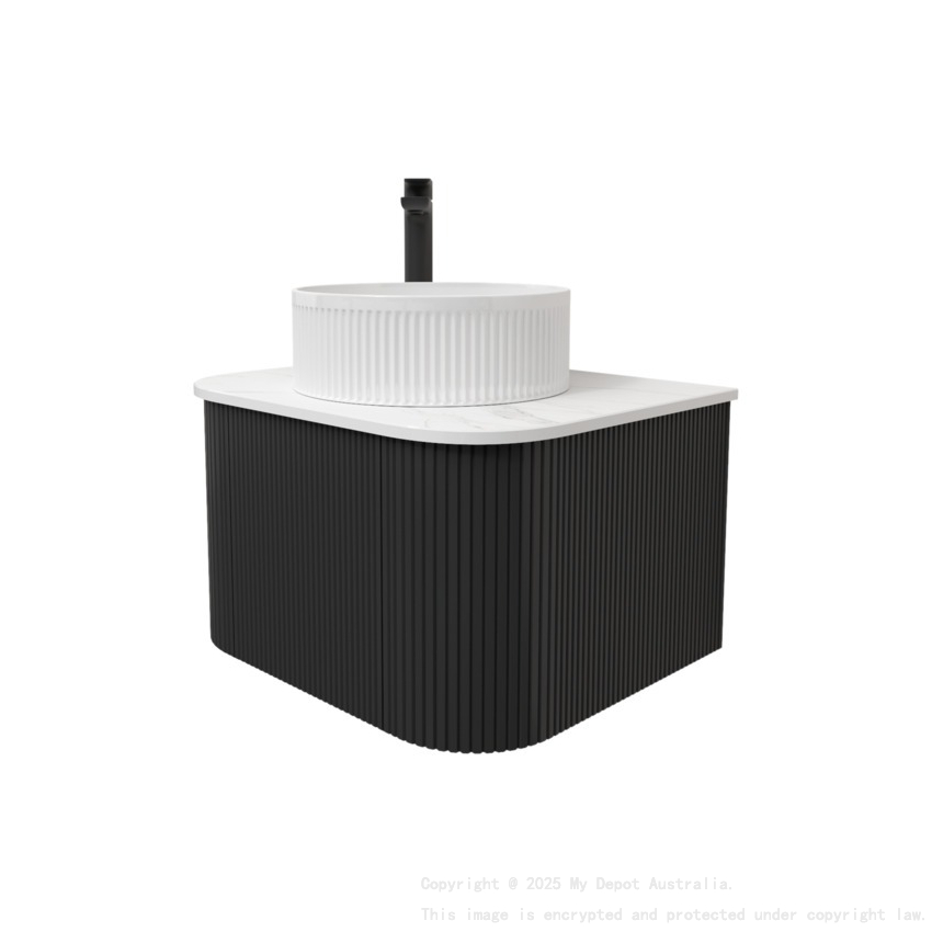 Kiama 600mm Matte Black 1 Door Curved Wall Hung Fluted Bathroom Vanity