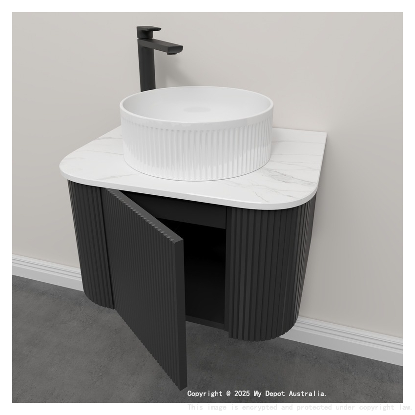Kiama 600mm Matte Black 1 Door Curved Wall Hung Fluted Bathroom Vanity