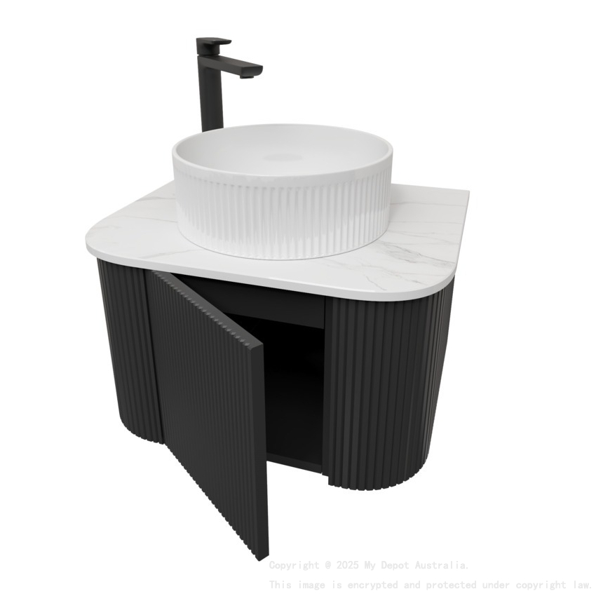 Kiama 600mm Matte Black 1 Door Curved Wall Hung Fluted Bathroom Vanity