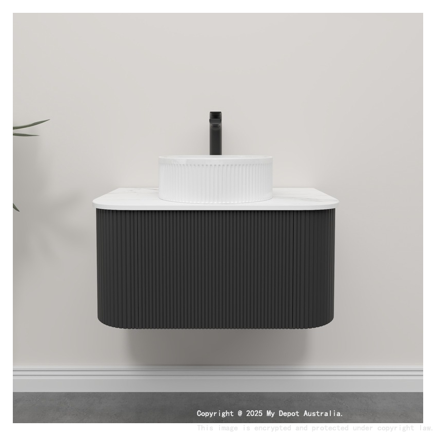 Kiama 750mm Matte Black 1 Drawer Curved Wall Hung Fluted Bathroom Vanity