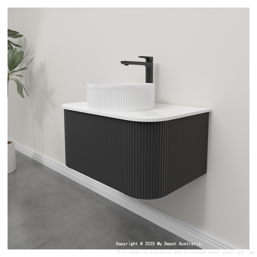 Kiama 750mm Matte Black 1 Drawer Curved Wall Hung Fluted Bathroom Vanity
