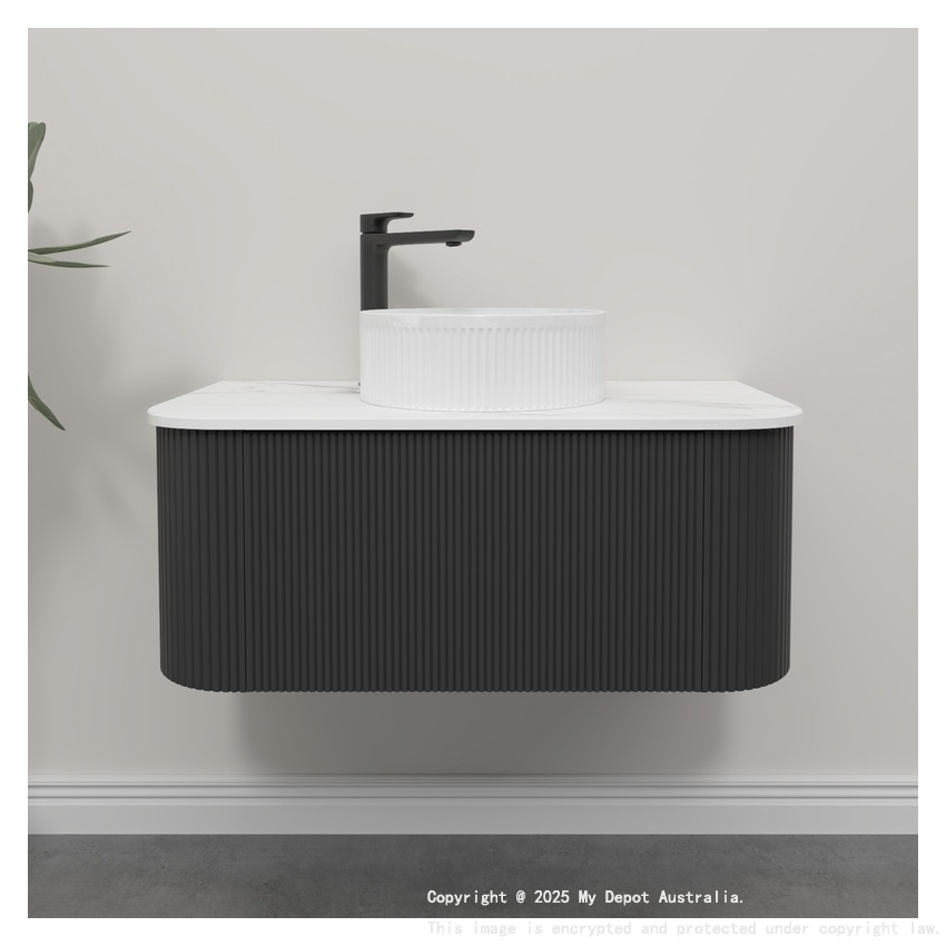 Kiama 950mm Matte Black 1 Drawer Curved Wall Hung Fluted Bathroom Vanity