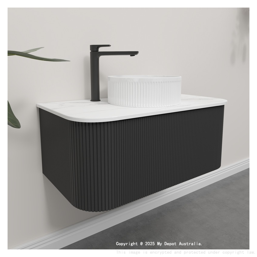 Kiama 950mm Matte Black 1 Drawer Curved Wall Hung Fluted Bathroom Vanity