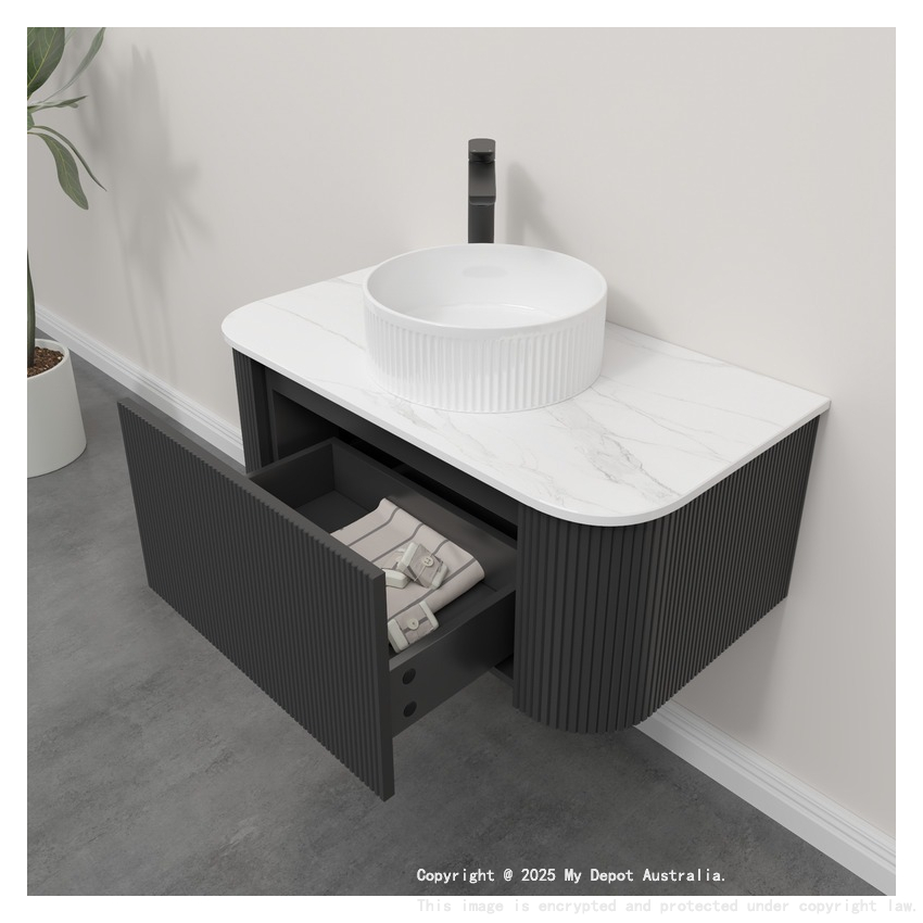 Kiama 950mm Matte Black 1 Drawer Curved Wall Hung Fluted Bathroom Vanity