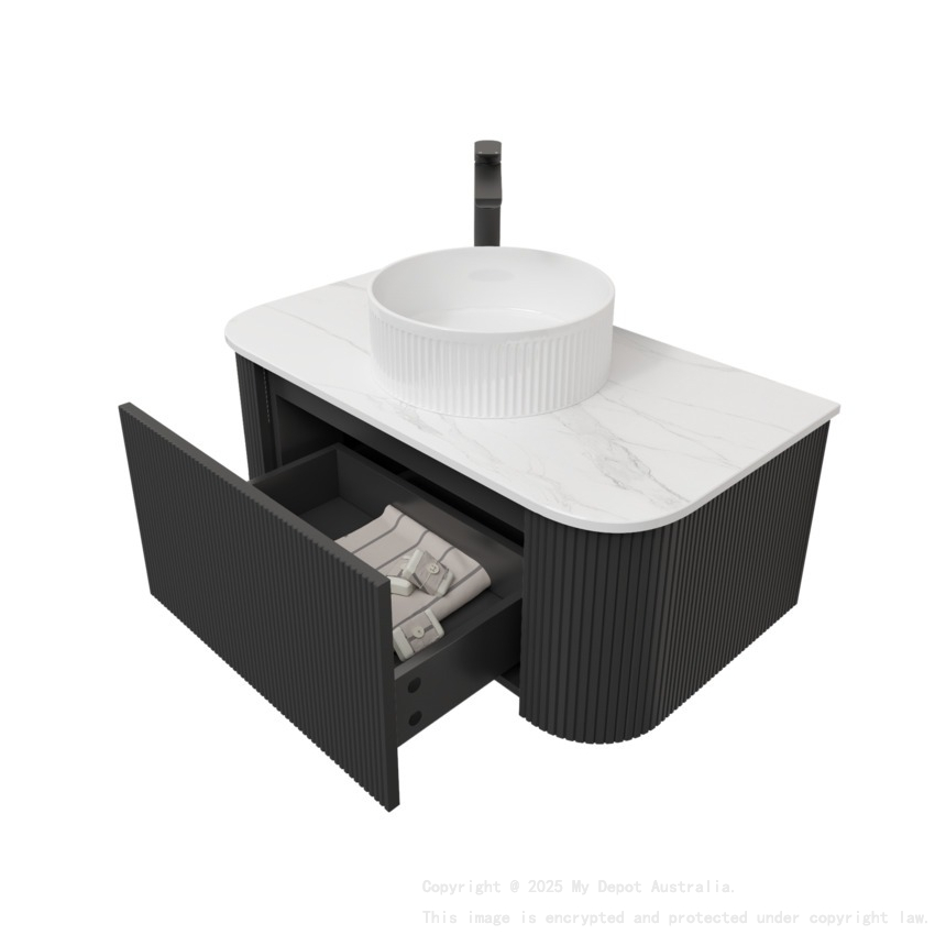 Kiama 950mm Matte Black 1 Drawer Curved Wall Hung Fluted Bathroom Vanity