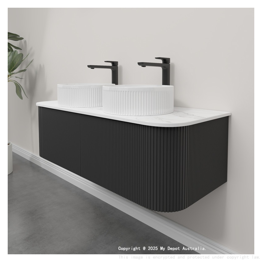 Kiama 1200mm Matte Black 2 Drawers Curved Wall Hung Fluted Bathroom Vanity