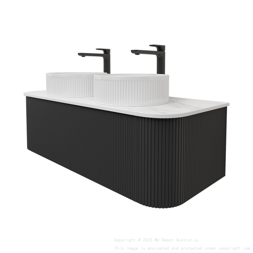 Kiama 1200mm Matte Black 2 Drawers Curved Wall Hung Fluted Bathroom Vanity