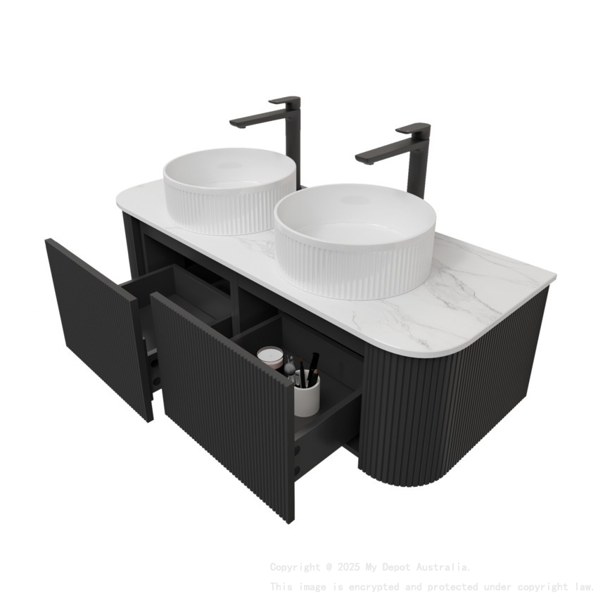 Kiama 1200mm Matte Black 2 Drawers Curved Wall Hung Fluted Bathroom Vanity