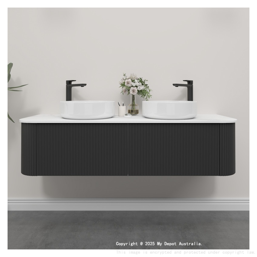Kiama 1500mm Matte Black 2 Drawers Curved Wall Hung Fluted Bathroom Vanity