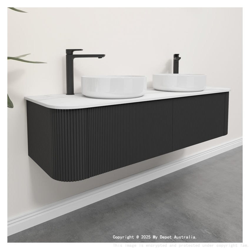 Kiama 1500mm Matte Black 2 Drawers Curved Wall Hung Fluted Bathroom Vanity