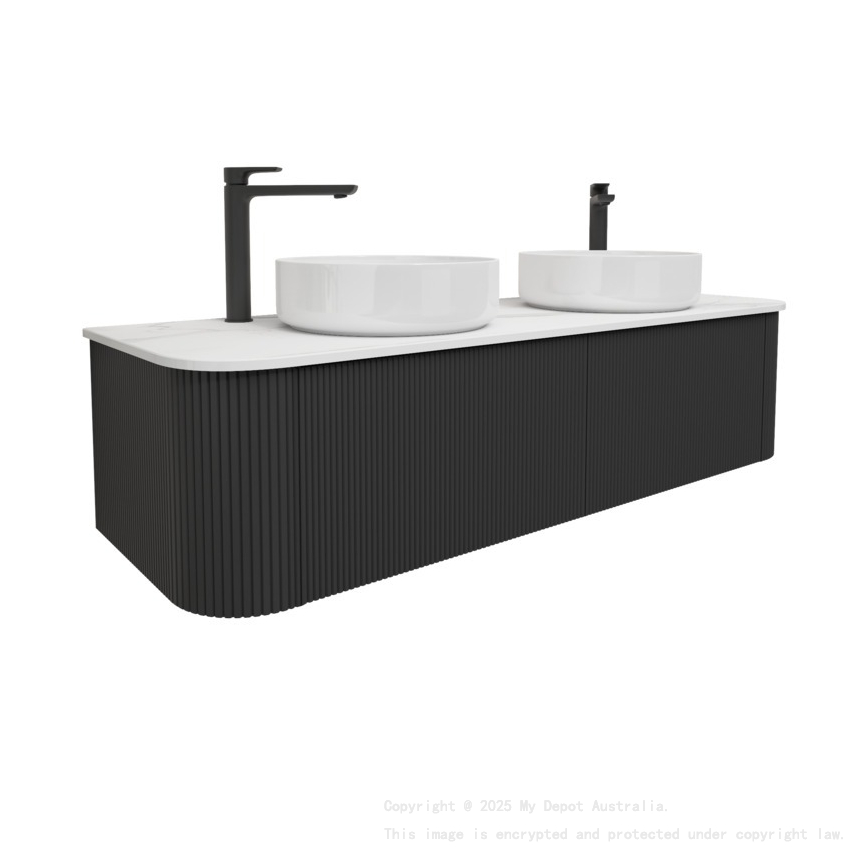 Kiama 1500mm Matte Black 2 Drawers Curved Wall Hung Fluted Bathroom Vanity