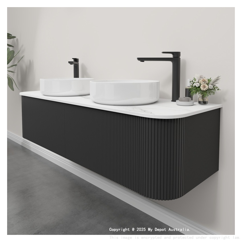 Kiama 1500mm Matte Black 2 Drawers Curved Wall Hung Fluted Bathroom Vanity