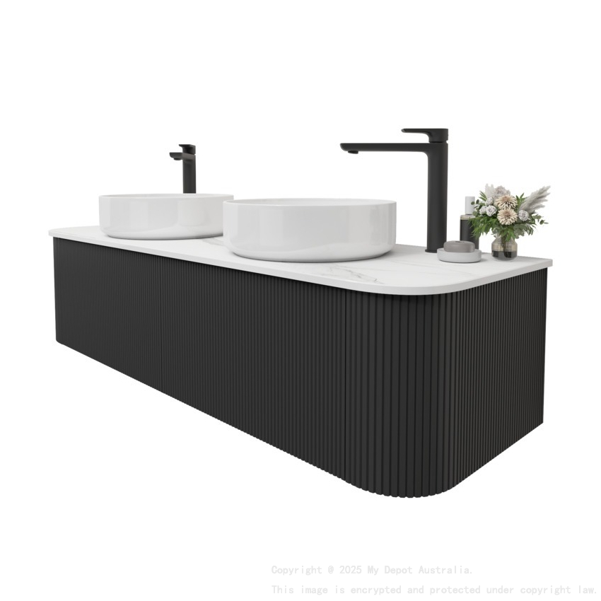 Kiama 1500mm Matte Black 2 Drawers Curved Wall Hung Fluted Bathroom Vanity