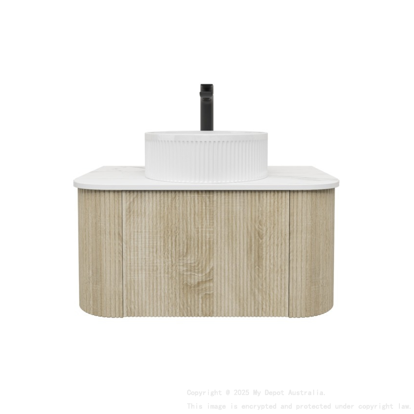 Kiama 750mm White Oak 1 Drawer Curved Wall Hung Fluted Bathroom Vanity