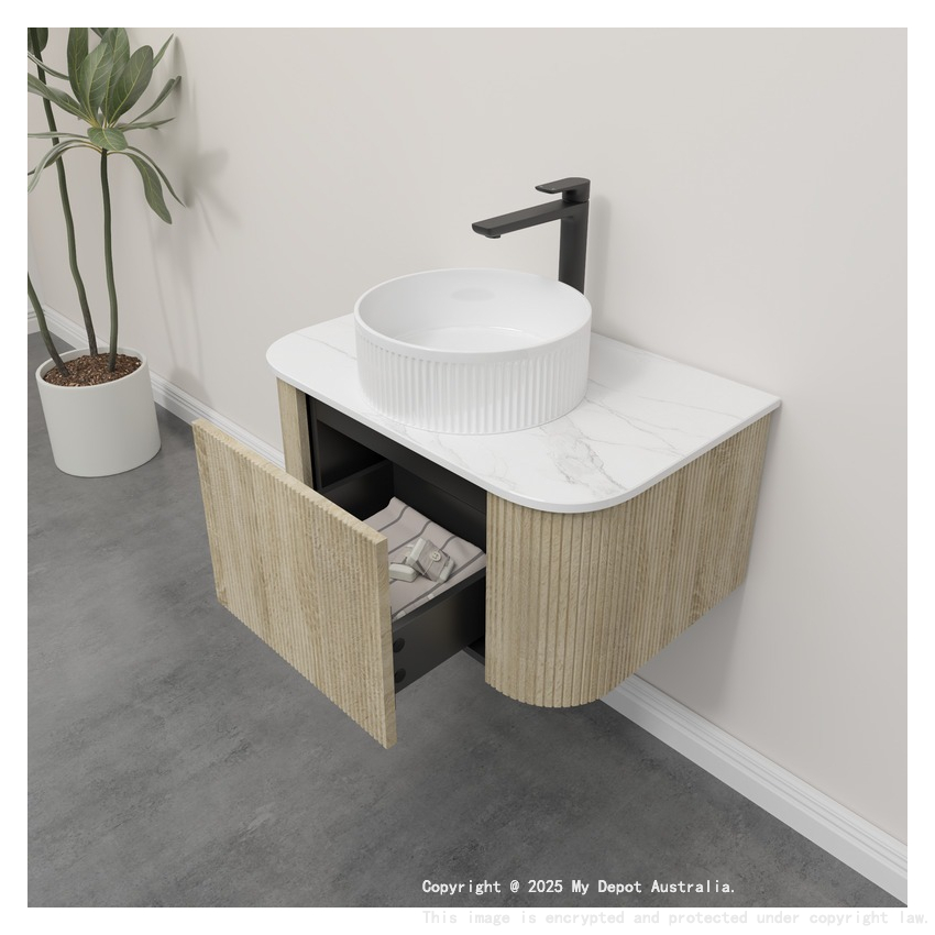 Kiama 750mm White Oak 1 Drawer Curved Wall Hung Fluted Bathroom Vanity
