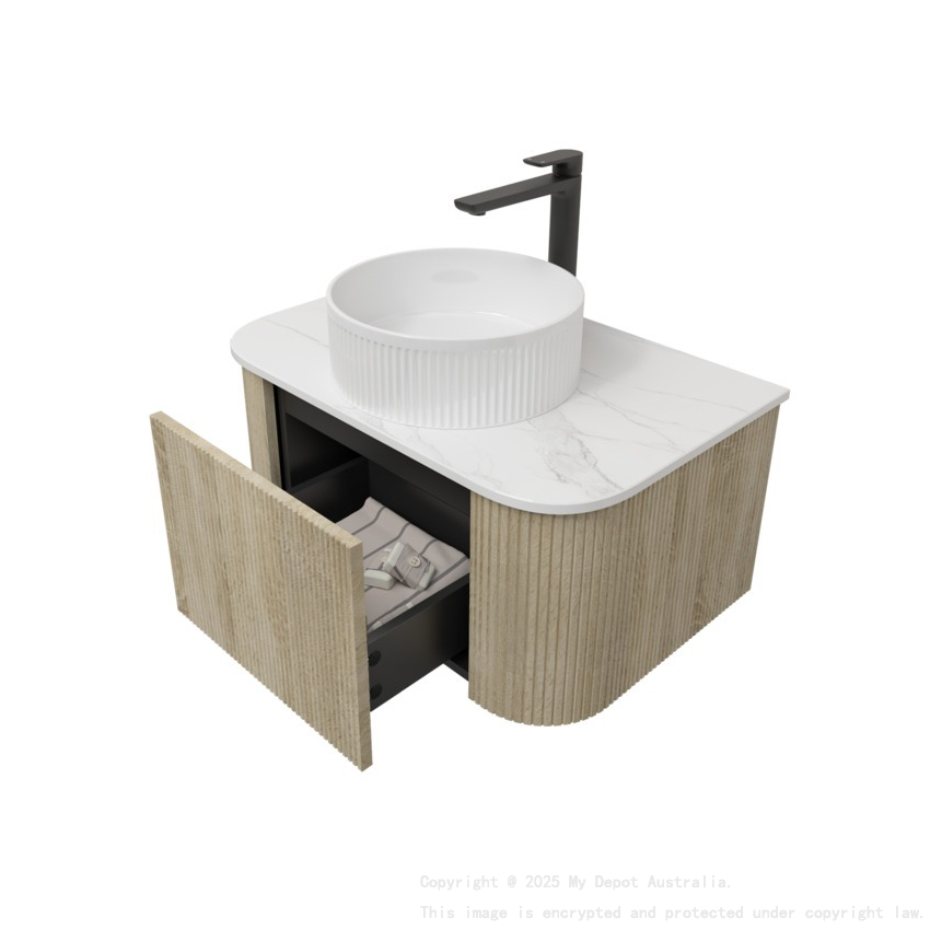 Kiama 750mm White Oak 1 Drawer Curved Wall Hung Fluted Bathroom Vanity