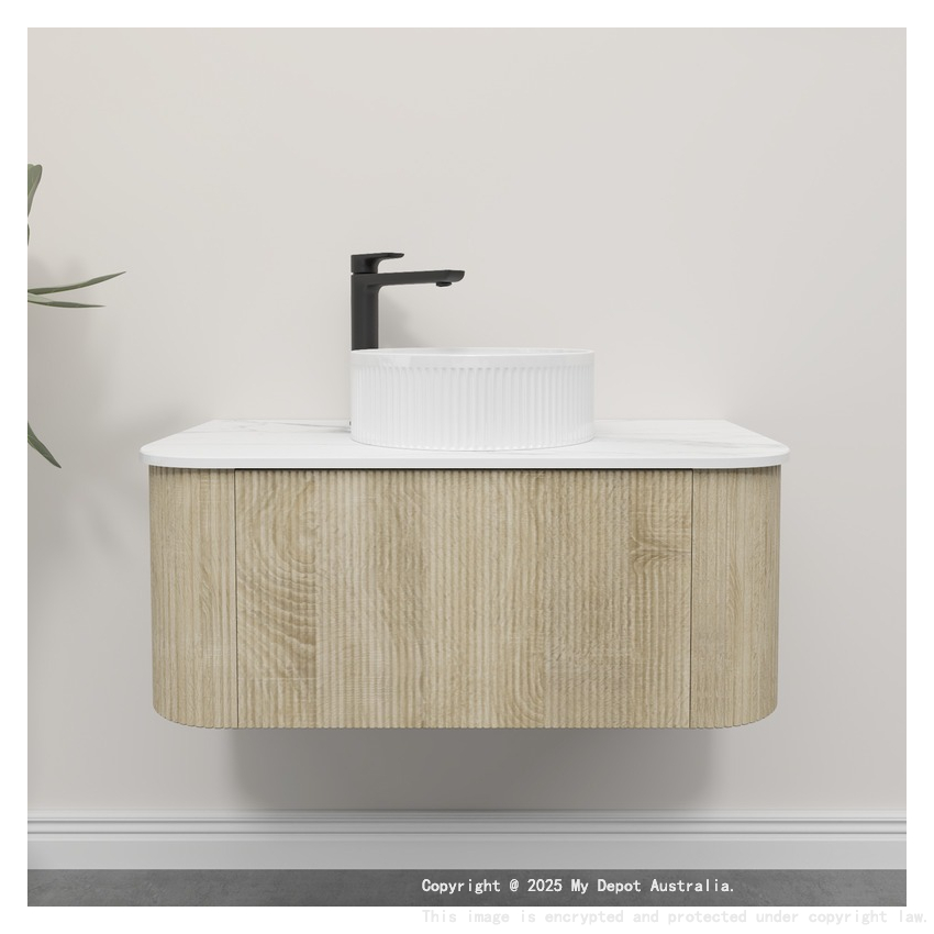 Kiama 950mm White Oak 1 Drawer Curved Wall Hung Fluted Bathroom Vanity