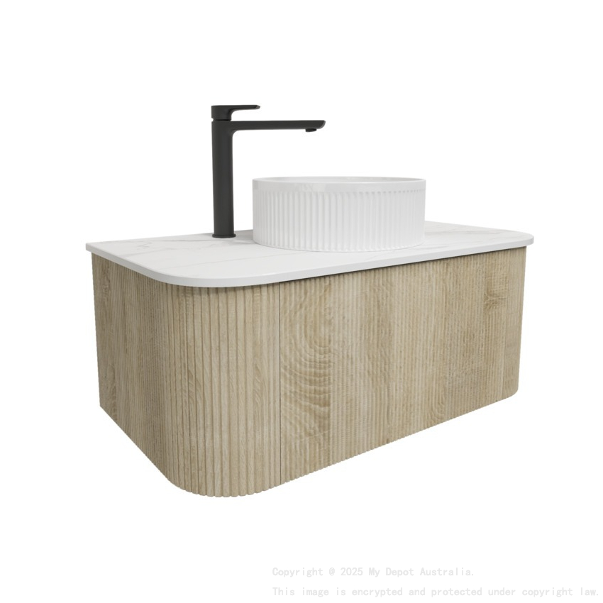 Kiama 950mm White Oak 1 Drawer Curved Wall Hung Fluted Bathroom Vanity