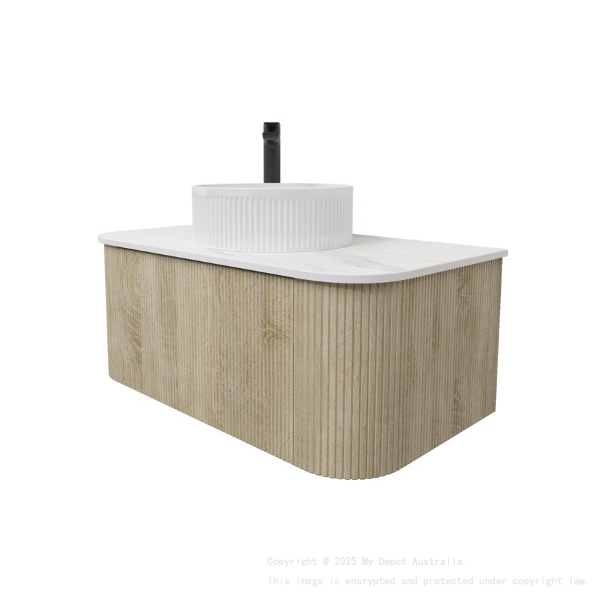 Kiama 950mm White Oak 1 Drawer Curved Wall Hung Fluted Bathroom Vanity