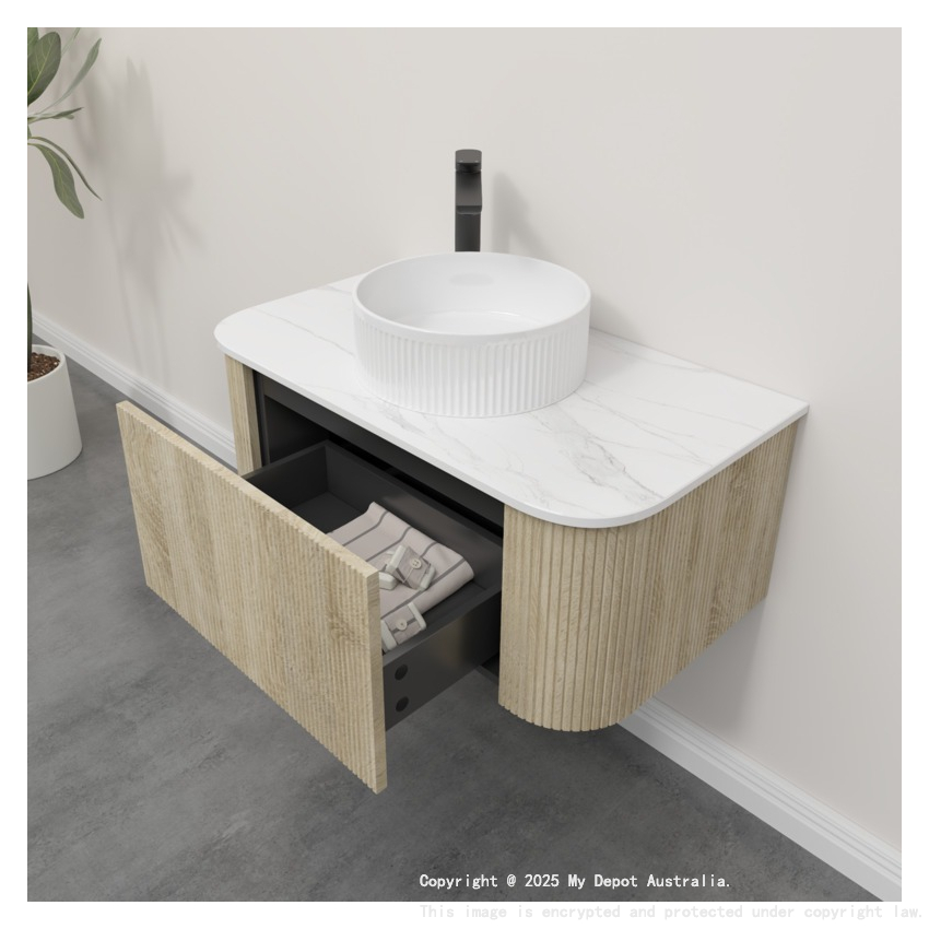 Kiama 950mm White Oak 1 Drawer Curved Wall Hung Fluted Bathroom Vanity