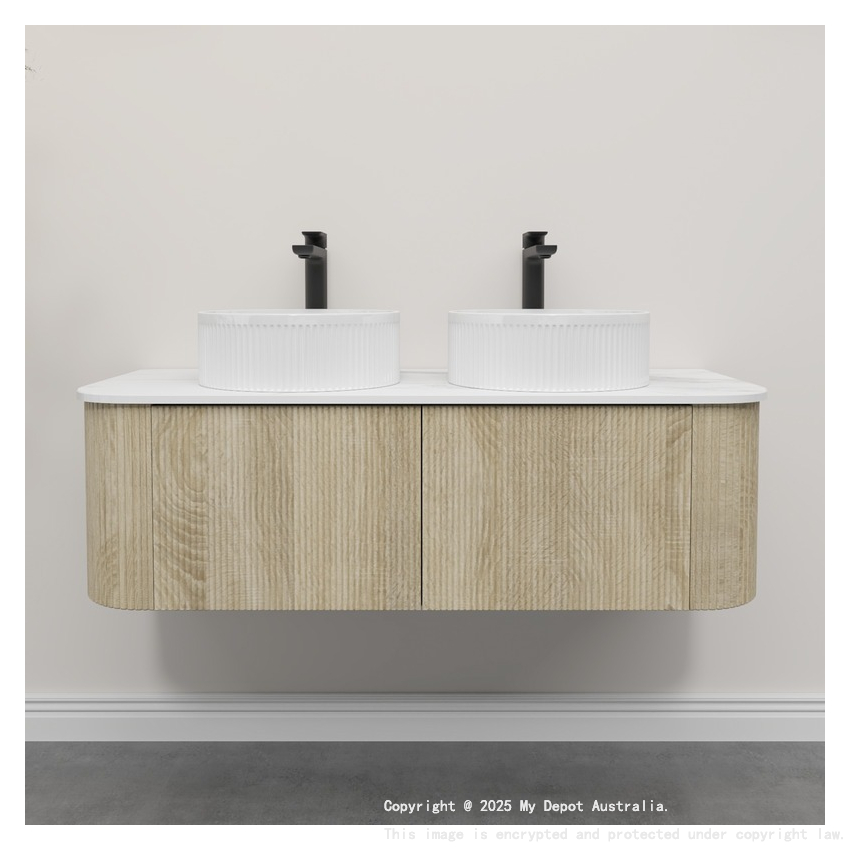 Kiama 1200mm White Oak 2 Drawers Curved Wall Hung Fluted Bathroom Vanity