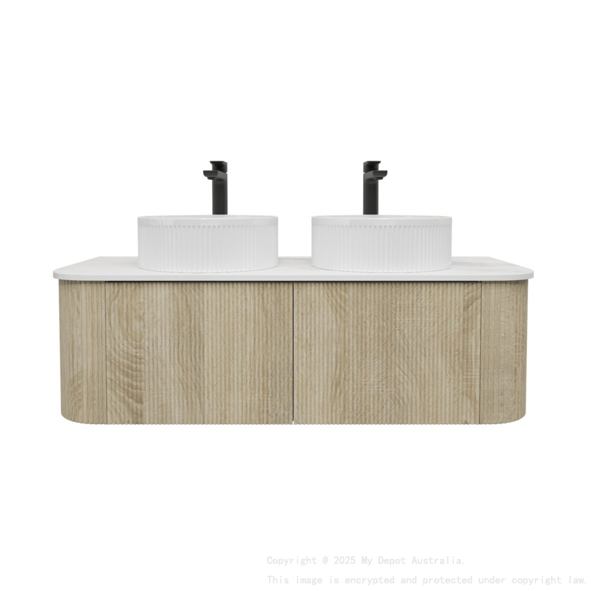 Kiama 1200mm White Oak 2 Drawers Curved Wall Hung Fluted Bathroom Vanity