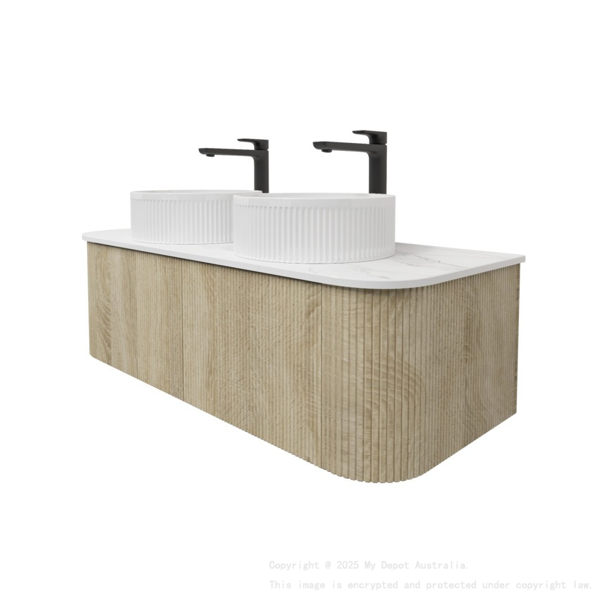 Kiama 1200mm White Oak 2 Drawers Curved Wall Hung Fluted Bathroom Vanity