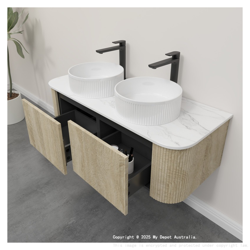 Kiama 1200mm White Oak 2 Drawers Curved Wall Hung Fluted Bathroom Vanity
