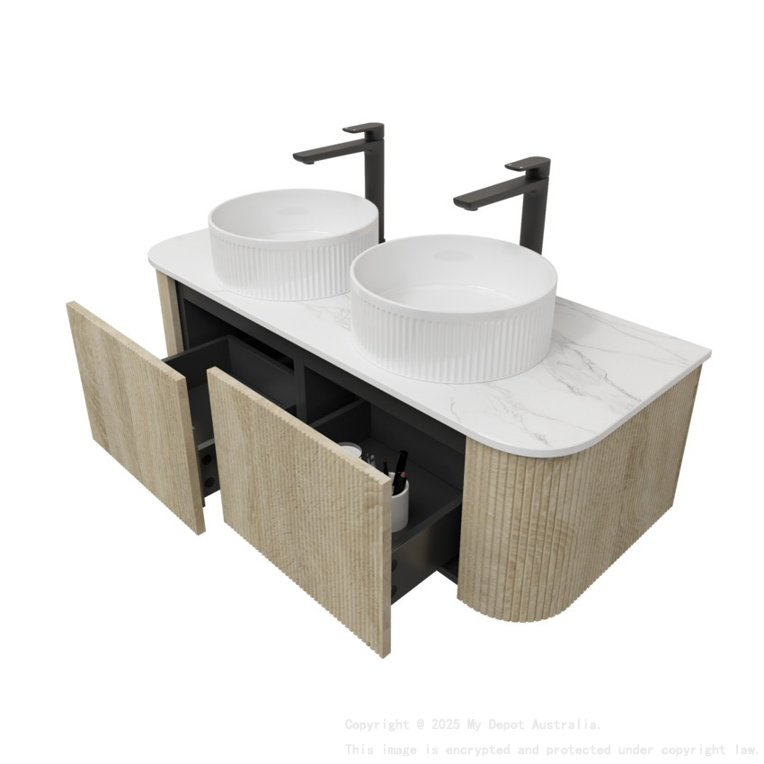 Kiama 1200mm White Oak 2 Drawers Curved Wall Hung Fluted Bathroom Vanity
